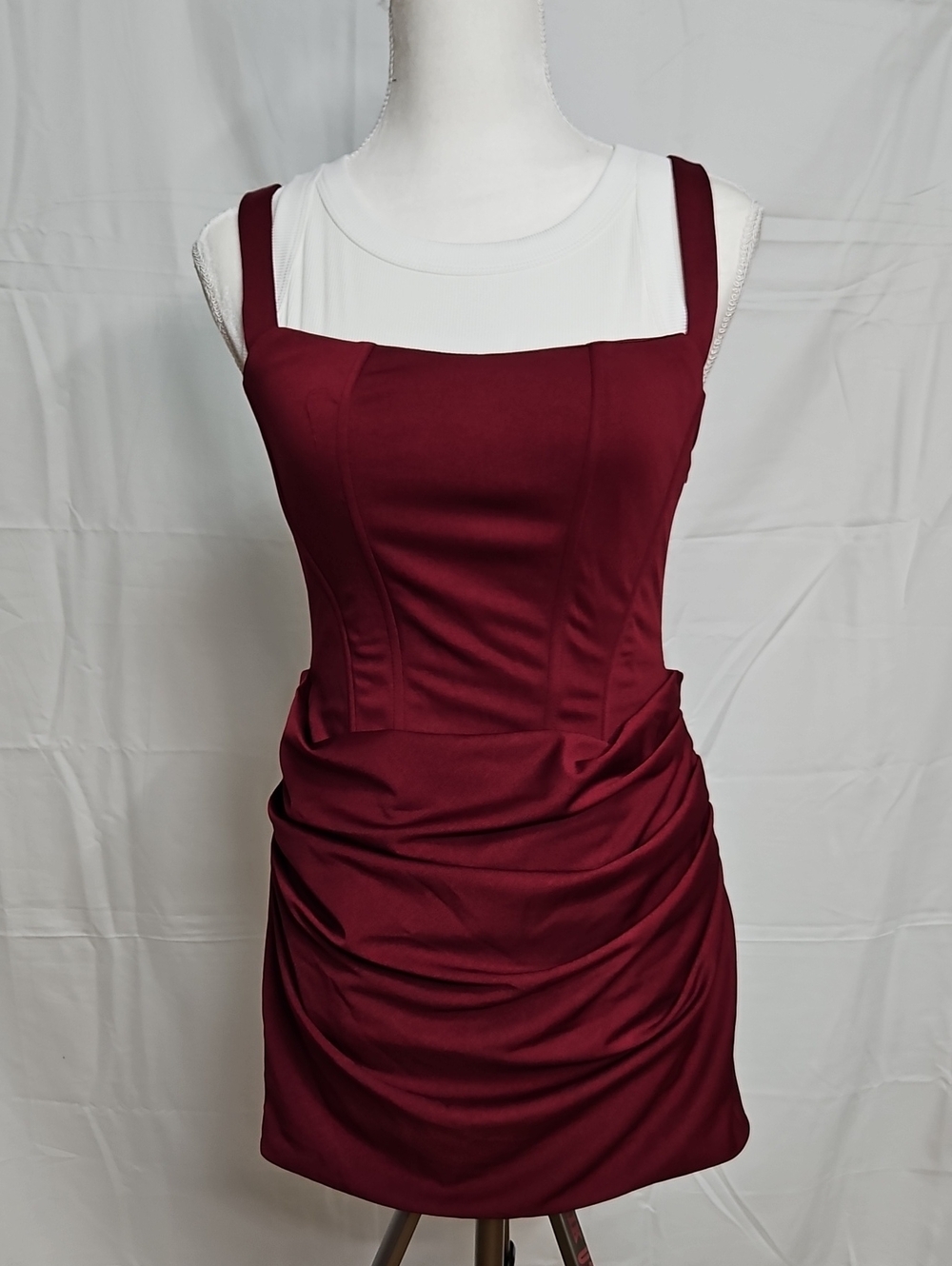 Square Neck Ruched Mini Dress in Burgundy